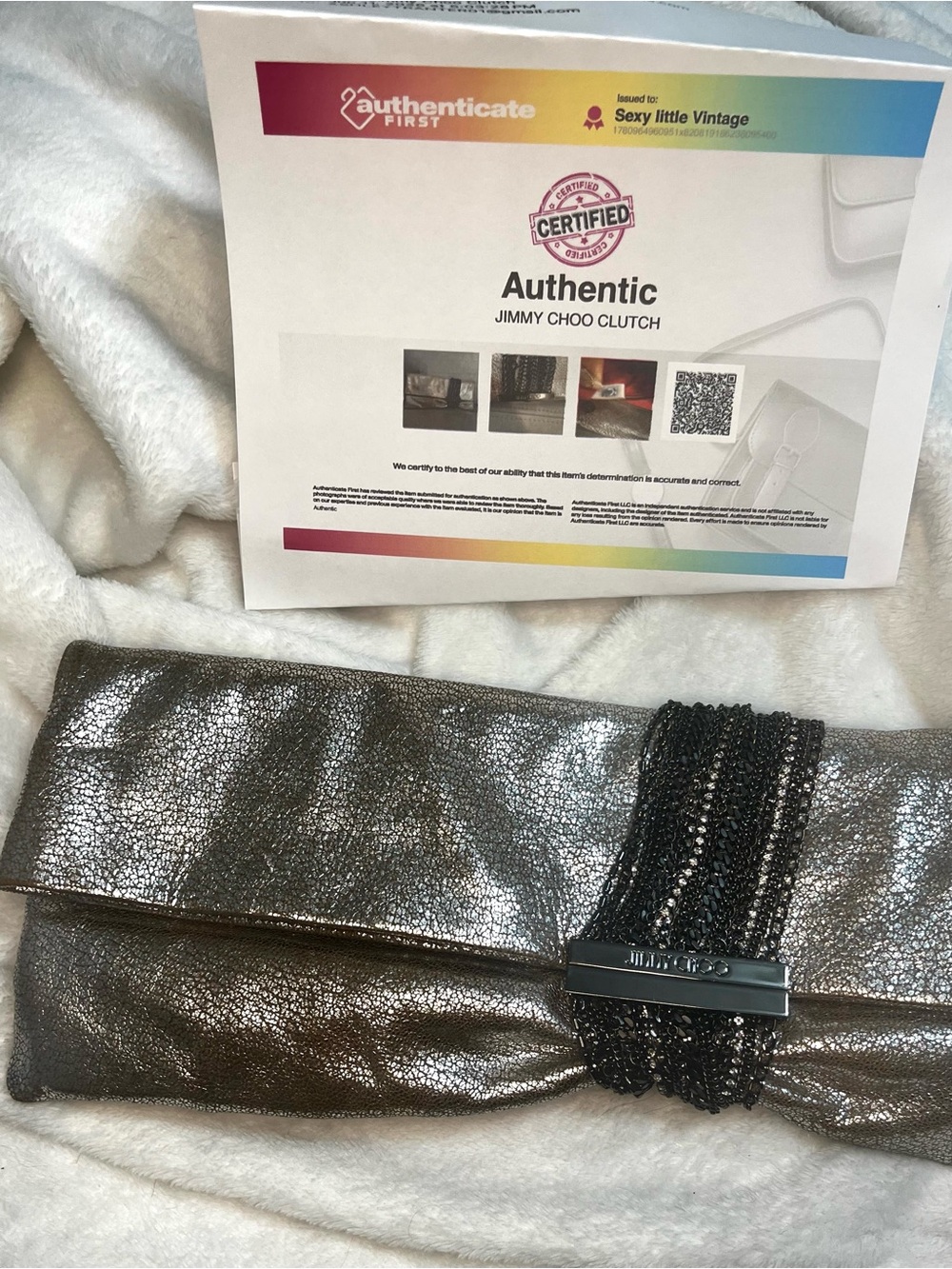 Jimmy Choo Chain-Link Suede Chandra Clutch Gray And Black Chain Authentic COA - Picture 2 of 15